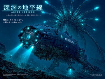 Generates a cinematic sci-fi poster of a deep-sea submarine encountering a giant bioluminescent creature, complete with titles and technical text.