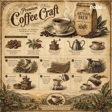 Vintage botanical-style infographic for “Artisan Brew Coffee Beans.” 19th-century lithograph look, aged parchment tones (brown, beige, muted green). Center: steaming coffee cup + labeled...