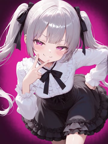 An anime-style illustration of a young girl with silver hair styled in long twin tails secured with black ribbons, and pink eyes. She has a smug smile with a slight blush and is looking d...