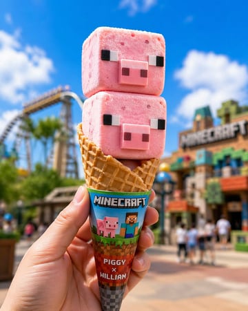 William and Piggy shaped ice cream, pink square ice cream with pixel eyes and pig noses, strawberry flavor, served on a cone, cute food design. Egg Cone: A standard waffle cone, golden an...