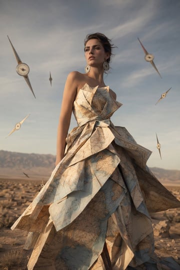 A high-fashion editorial photograph of a female model standing in an arid desert landscape with distant mountains under a soft cloudy sky. She is wearing a spectacular, structured haute c...