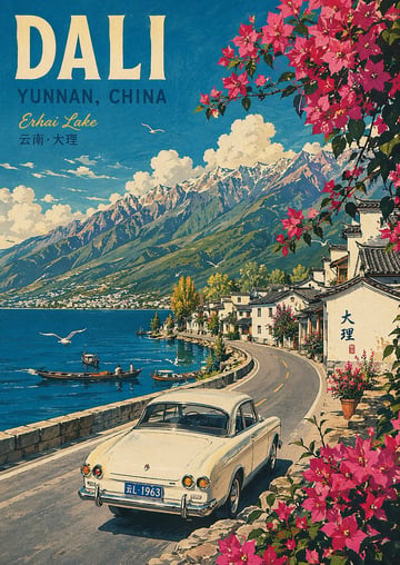 Generates a retro-style travel poster featuring a scenic coastal road, a vintage car, and customizable typography.