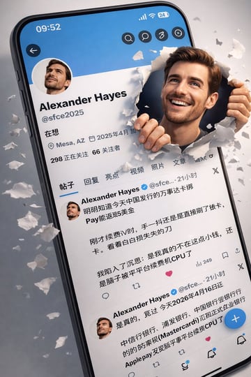 一份详细的提示词,用于根据参考截图和特定人物表情,生成超写实的 3D 社交媒体个人主页界面。