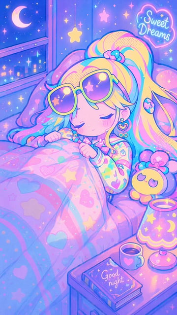 An illustration in a 90s retro anime aesthetic featuring a cute girl sleeping peacefully in bed. She has voluminous pastel rainbow hair and is wearing large retro sunglasses with yellow f...