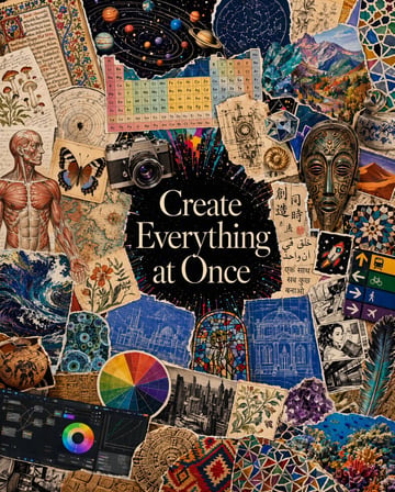 A richly layered maximalist collage poster in portrait orientation, designed as a celebration of art, science, history, and human creativity. At the exact center, place a large irregular...