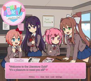A visual novel screenshot of an anime-style classroom scene featuring exactly four high school girls in matching uniforms consisting of grey blazers, white shirts, red ribbons, and blue s...
