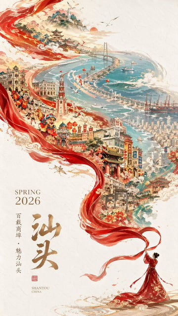 Generates a stunning, culturally rich poster featuring a sweeping red ribbon, traditional and modern city elements, and customizable typography.