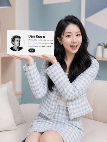 A clean lifestyle portrait for a social-media cover image: a stylish young East Asian woman with long wavy black hair sits on a light beige sofa in a bright pastel living room, wearing a...
