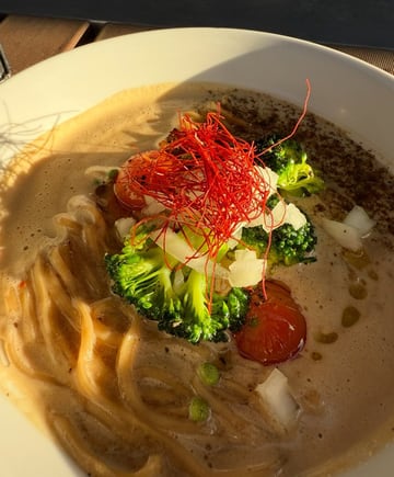 Turn this ramen into a cute recipe page with illustrations in the style of a vintage cookbook that was hand-drawn. A carefully drawn ingredients with labels, measures, and implements like...