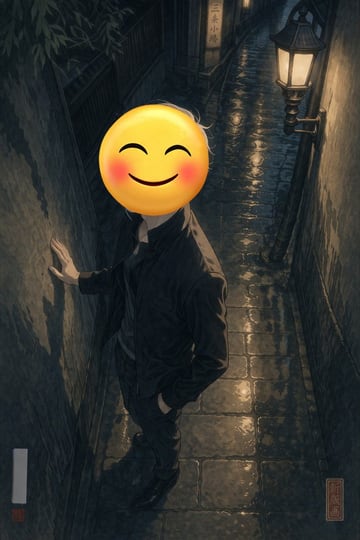 A full-body portrait of a person standing in a narrow wet cobblestone alleyway at night. The person is wearing a dark jacket and dark trousers, with one hand resting against the rough, te...