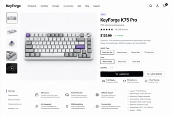 Create a clean modern e-commerce product detail page for a premium mechanical keyboard brand called KeyForge, presented as a high-fidelity desktop website mockup on a white background wit...