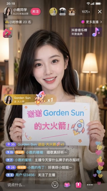 生成一张逼真的 9:16 竖屏抖音直播截图,画面中包含一位手持自定义项目的主播。