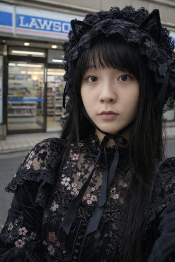 A photorealistic close-up portrait of a young Japanese woman wearing a black Gothic Lolita dress with floral embroidery and lace detailing. She has straight black hair with bangs and a ne...