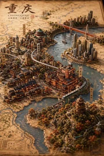 Generates a highly detailed, isometric 3D miniature diorama of a city blending traditional and modern architecture on a vintage map background.