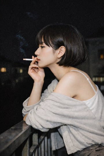 A photorealistic portrait of a young Asian woman with a short black bob haircut and bangs, seen in profile. She is smoking a cigarette, holding it to her lips with her right hand, with a...