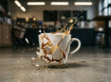 A detailed high-speed macro photograph of a white ceramic coffee mug shattering on impact on a concrete cafe floor, shot at 1/8000 second. The mug is centered low in the frame with the ha...