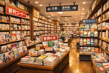 A photorealistic interior view of a bustling Japanese bookstore. The scene is illuminated by warm overhead lighting that reflects off the polished wooden floor. In the foreground, large w...