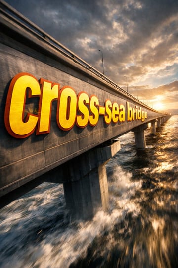 ①场景 跨海大桥的侧面，dramatic cinematic angle。 巨型 bold sans-serif 文字「___②文字内容 跨海大桥」painted onto the surface of ___③主体物 无，从靠近镜头的前端开始，沿表面向远端 progressively foreshortens 逐渐透视压缩，letterforms conform to...