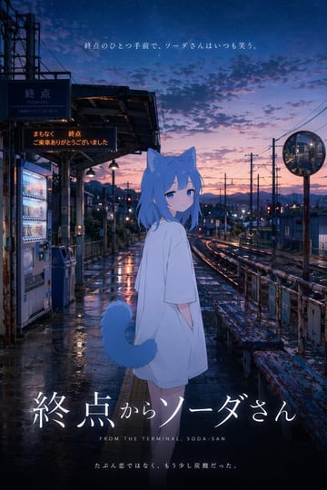 A cinematic anime-style movie poster of a girl with light blue hair, animal ears, and a fluffy tail, wearing an oversized white t-shirt. She stands on a wet, reflective rural Japanese tra...