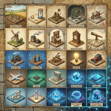Create a square infographic-style illustration showing a 15×15 invention timeline grid rendered as a collection of miniature isometric dioramas on aged parchment tiles. The image should l...