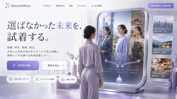 Generates a modern, futuristic website landing page mockup featuring a smart mirror UI that displays branching life scenarios.
