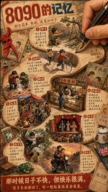 Create a richly detailed nostalgic Chinese retro poster collage in warm sepia, faded red, and aged paper tones, designed like a memory scrapbook spread on an old desk. The composition is...