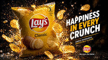 Create a high-impact commercial snack advertisement in a dramatic studio setting. Show a large glossy bag of Lay's Classic potato chips standing upright slightly left of center, photograp...