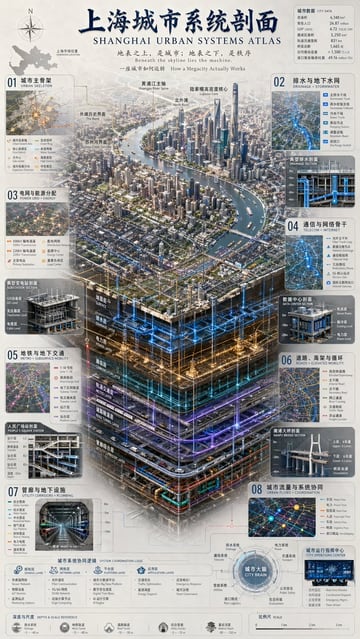 A highly detailed, information-dense infographic featuring a 3D isometric cutaway of a city's subsurface infrastructure, surrounded by data panels and cross-section diagrams.