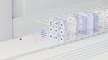 A clean, minimalist 3D render visualizing a neural network data processing pipeline. On the left, a single white cable with a glowing blue tip splits into multiple thin, sweeping white st...
