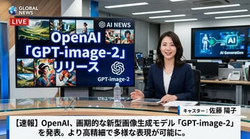 A photorealistic television news broadcast scene featuring a female Japanese news anchor wearing a dark blue blazer over a white top sitting at a glass desk in a modern newsroom studio. S...