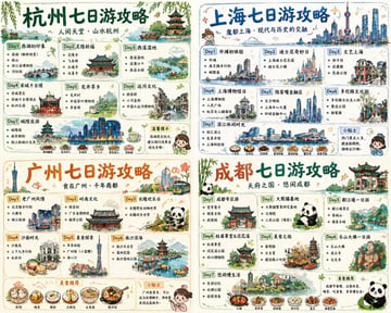 Ready-to-edit hand-painted illustrated travel guide poster set image prompt.
