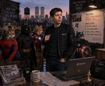 A cinematic, photorealistic portrait of Sam Altman on a gritty rooftop at dusk, wearing a black bomber jacket with an OpenAI logo. He is flanked by exactly 4 cats in superhero costumes: a...