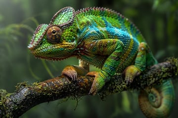 A hyper-realistic macro photograph of a vibrant chameleon resting on a mossy branch in a lush jungle. The reptile features intricate, textured scales in shades of bright green, electric b...