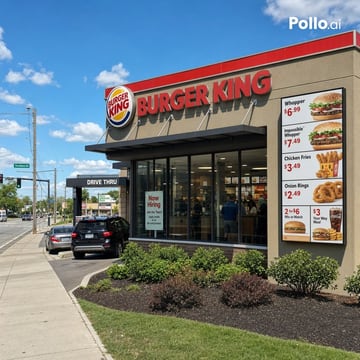 A photorealistic daytime street-corner exterior of a modern BURGER KING fast-food restaurant, viewed from a front-left angle under a bright blue sky with scattered white clouds. The build...