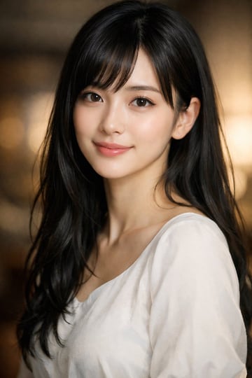 A photorealistic, high-quality portrait of a beautiful young Japanese woman. She has long black wavy hair with bangs, dark brown eyes, fair skin, and a gentle smile while looking directly...
