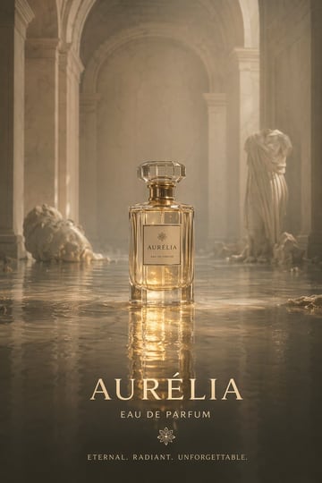 A cinematic product photography shot of an elegant, rectangular glass perfume bottle with a faceted crystal cap and gold accents, sitting in the center of a shallowly flooded ancient ston...