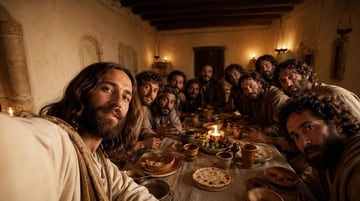 A cinematic, historically grounded depiction of Jesus with his disciples during the Last Supper inside a modest ancient Middle Eastern dining room at night, shown from a close, immersive...