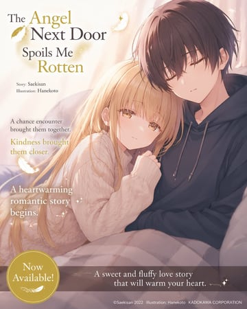A romantic anime promotional poster. A blonde girl with golden eyes in a white knit sweater rests her head on a sleeping dark-haired boy in a dark hoodie. They snuggle under a plaid blank...