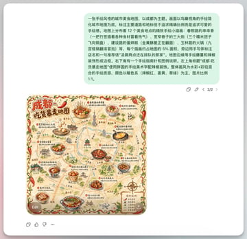 A screenshot-style composition of an AI image generation chat interface on a light gray app background, centered inside a rounded white panel with a soft drop shadow. Near the top is a la...