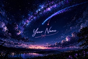 A breathtaking anime-style landscape featuring a vibrant, starry night sky dominated by a brilliant, sweeping Milky Way in hues of deep purple, blue, and magenta. Two prominent shooting s...