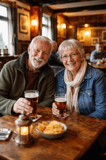 Using REFERENCE_0, transform the older couple so they are both looking directly at the camera and smiling. For the man on the left, add a full white beard, remove his glasses, and dress h...