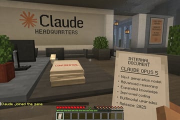 A first-person voxel game screenshot. The player's blocky right hand holds a paper reading 'INTERNAL DOCUMENT', 'CLAUDE OPUS 5', and a 6-item bulleted list ending with 'Release: 2025'. A...