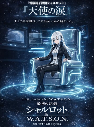 Generates a cinematic sci-fi anime poster featuring a character sitting in a high-tech chair in space, complete with customizable titles and taglines.