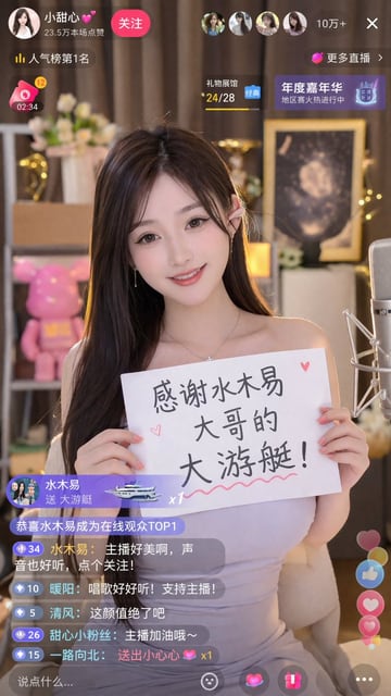 用于生成带有特定标语的逼真直播截图的提示词。