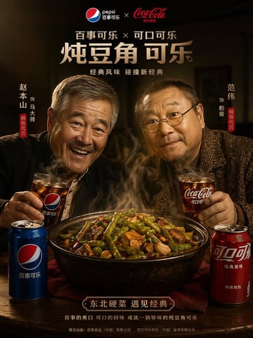 生成一张极具戏剧张力的高质量广告海报，展示两位角色共同用餐及竞争饮料品牌，并配有可自定义的排版设计。