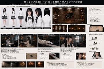 一份全面的制作设计文档，包含音乐视频场景的角色转面图、平面布置图、分镜脚本及灯光参考。