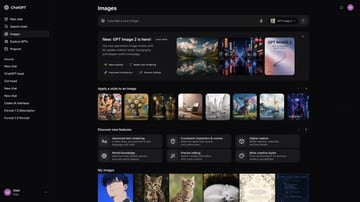 一款用于 AI 图像生成工具的深色模式网页界面详细原型，包含风格库、功能亮点和近期图像网格。
