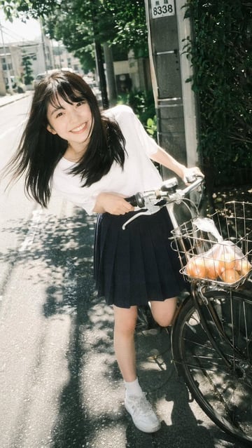 生成一张照片级逼真、充满怀旧感的肖像，描绘了一位年轻女性在阳光明媚的街道上与自行车合影的场景。