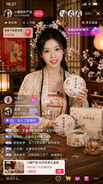 生成高度精细的直播带货移动端应用界面，包含主播、商品浮层及实时聊天元素。