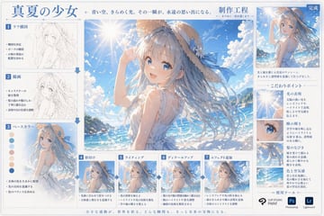 生成一份全面的数字艺术分步教程图表，包含制作过程缩略图、色卡以及详细的局部特写。